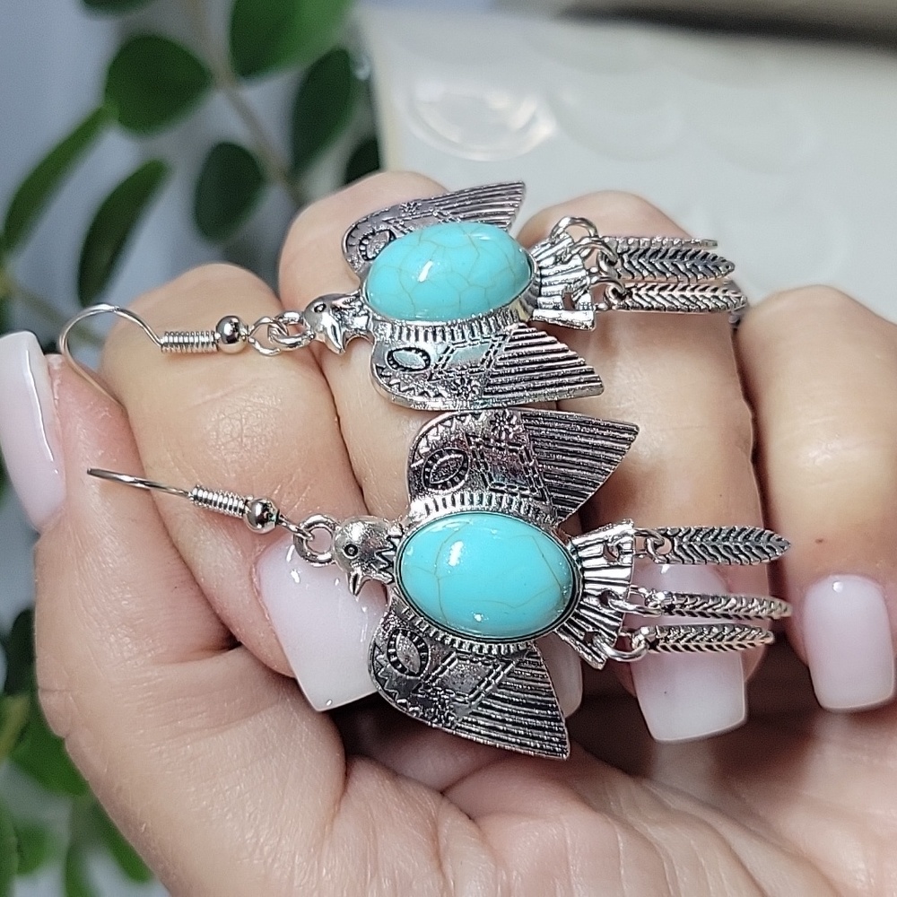 Turquoise Howlite Thunderbird Drop Earrings, S925 - Picture 5 of 5